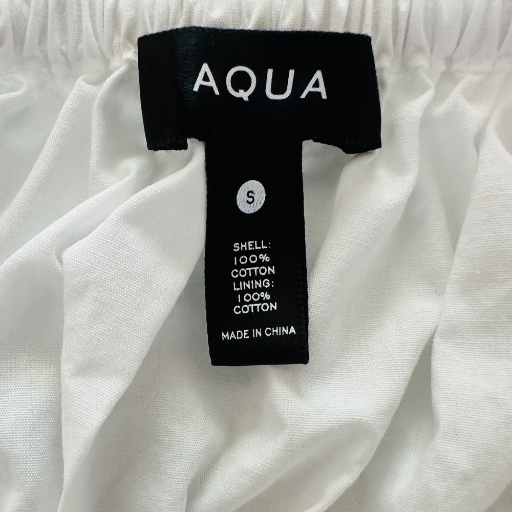 AQUA White Cotton Puff Sleeve Peplum Smocked Top Square Neck Tie Front Small - Picture 3 of 3